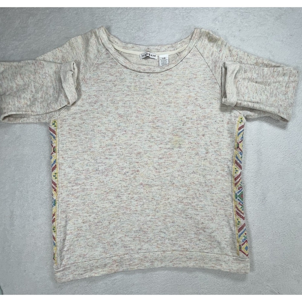 Hannah Boho Speckled Knit Top Large L Cream Short Sleeve Sweatshirt Tribal Trim